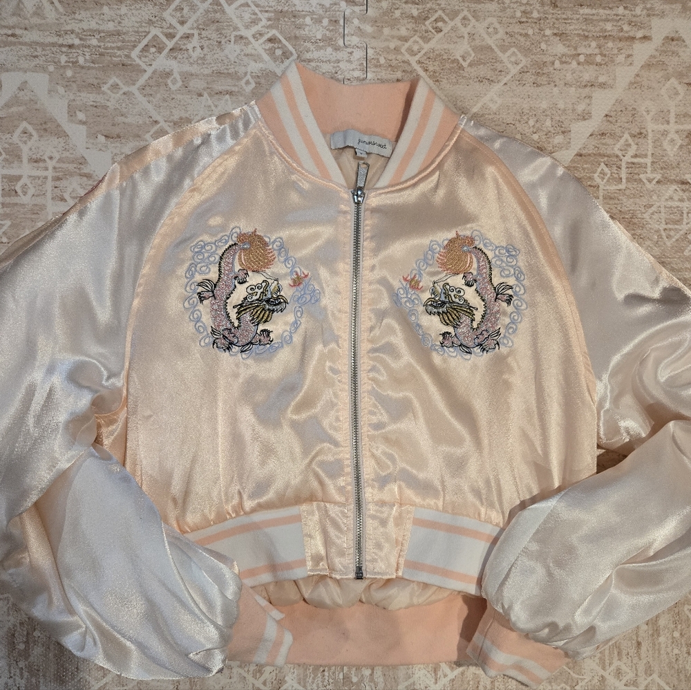 Embroidered Dragon Pink Satin Bomber Jacket Free Size From Japan Brand New